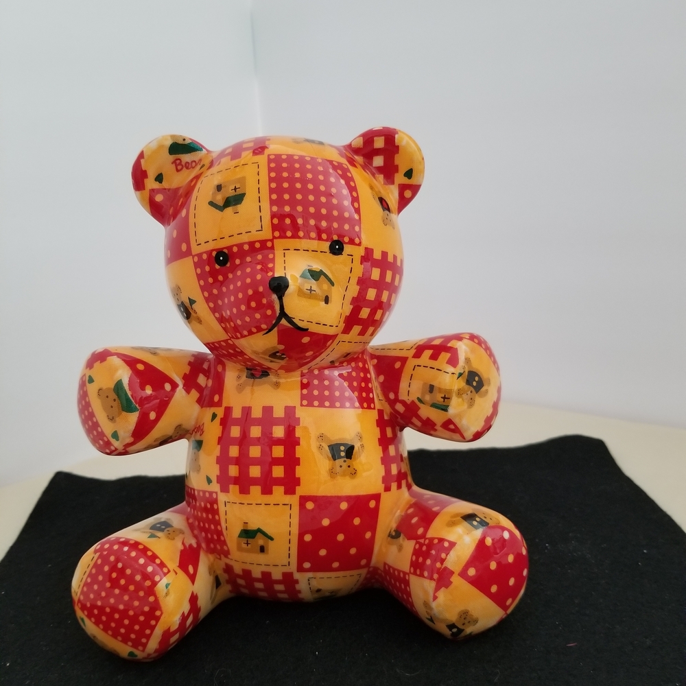 Vintage Patchwork Teddy Bear Toy - Red and Yellow